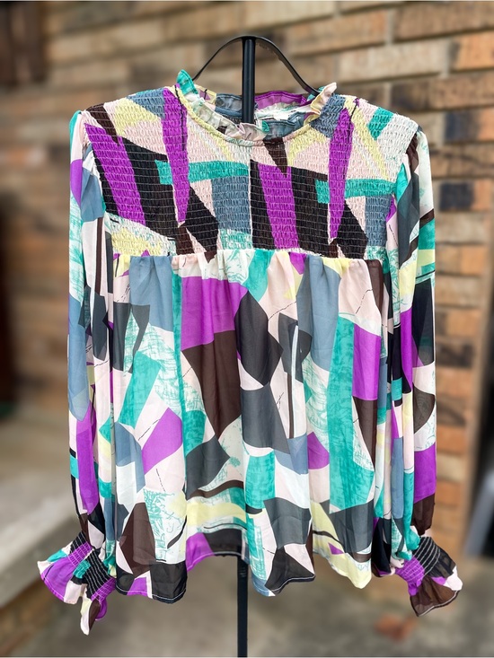entro Tops - Entro Abstract Print Smocked Ruffle Blouse Large